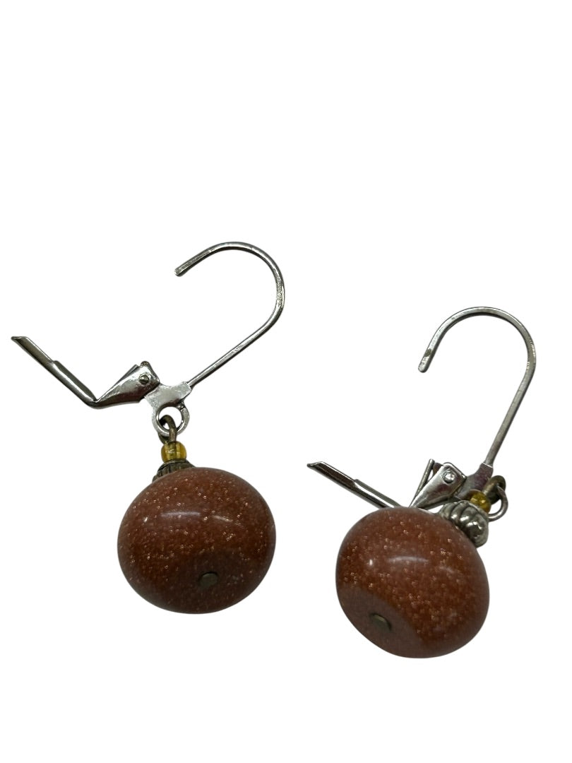 Goldstone Bead Earrings Leverback Silvertone 1.25 Inch Drop