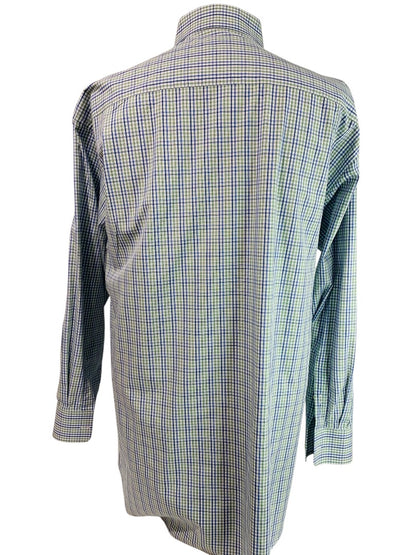 17.5 (32/33) David Donahue Mens Button Up Dress Shirt Plaid Blue Green