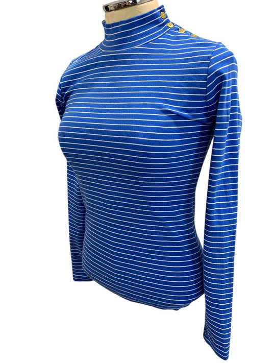 XS J.Crew Womens Blue Mockneck Striped Shirt Long Sleeve BS214