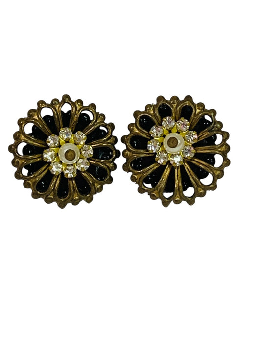 Retro Style Post Pierced Earrings Goldtone Black Beaded Rhinestones .8"