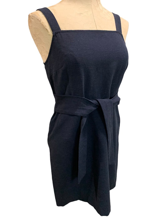 Size 4P Loft Navy Blue Belted Dress Sleeveless Back Zip Linen Blend
