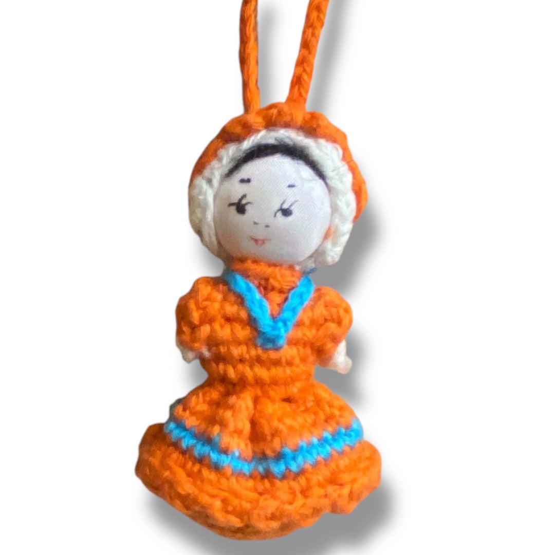 Vintage Amigurumi Japanese Crochet Girl Doll 2" Silk Face Orange