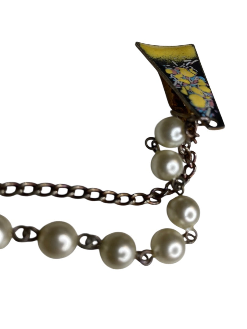 Vintage Enameled Sweater Clip Yellow Chain Abstract 7"