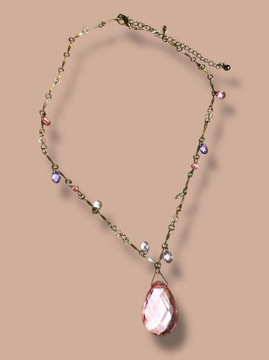 Silvertone Pink Beaded Necklace Spring Clasp 16-19"