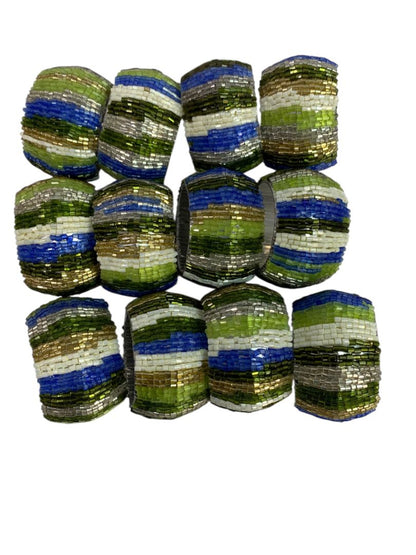 Set of 12 Beaded Napkin Rings Silvertone White Blue Green Stripes