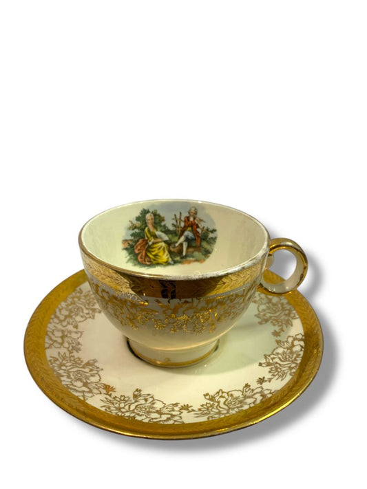 Vintage Taylor Smith Taylor TS&T Victorian Couple Teacup Saucer Set 22K Gold Trim