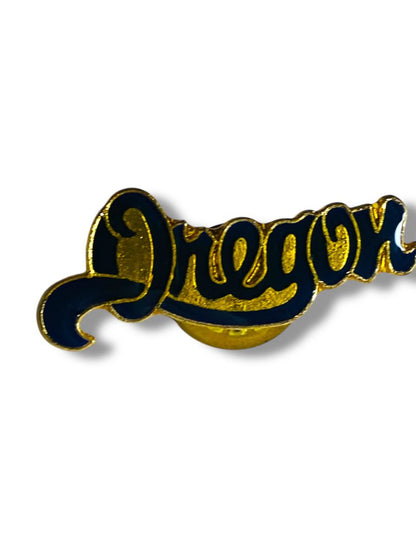 Vintage Oregon Lapel Pin Goldtone Navy Blue Script 1.25"