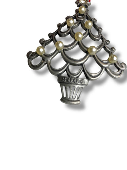Avon 2004 Pewter Christmas Tree Ornament Annual 3" Faux Pearl
