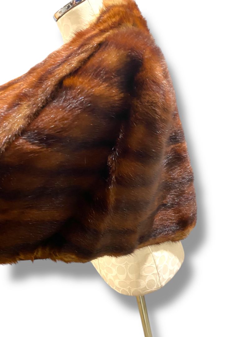Vintage Brown Mink Fur Cape Shawl Bolero Stole Wrap Let-Out Pelts Striped Midcentury