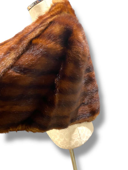 Vintage Brown Mink Fur Cape Shawl Bolero Stole Wrap Let-Out Pelts Striped Midcentury