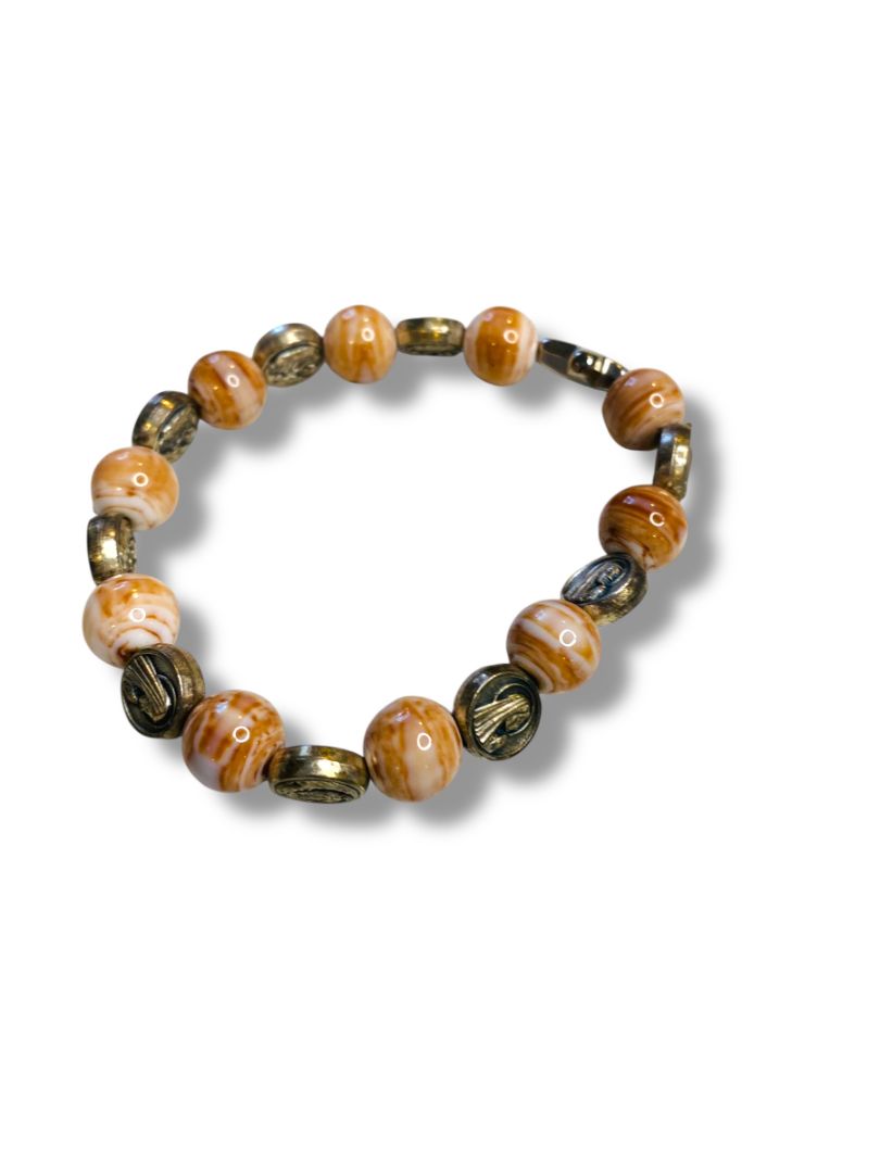 Stretch Acrylic Silvertone Beaded Bracelet Virgin Mary Cross