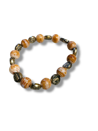 Stretch Acrylic Silvertone Beaded Bracelet Virgin Mary Cross