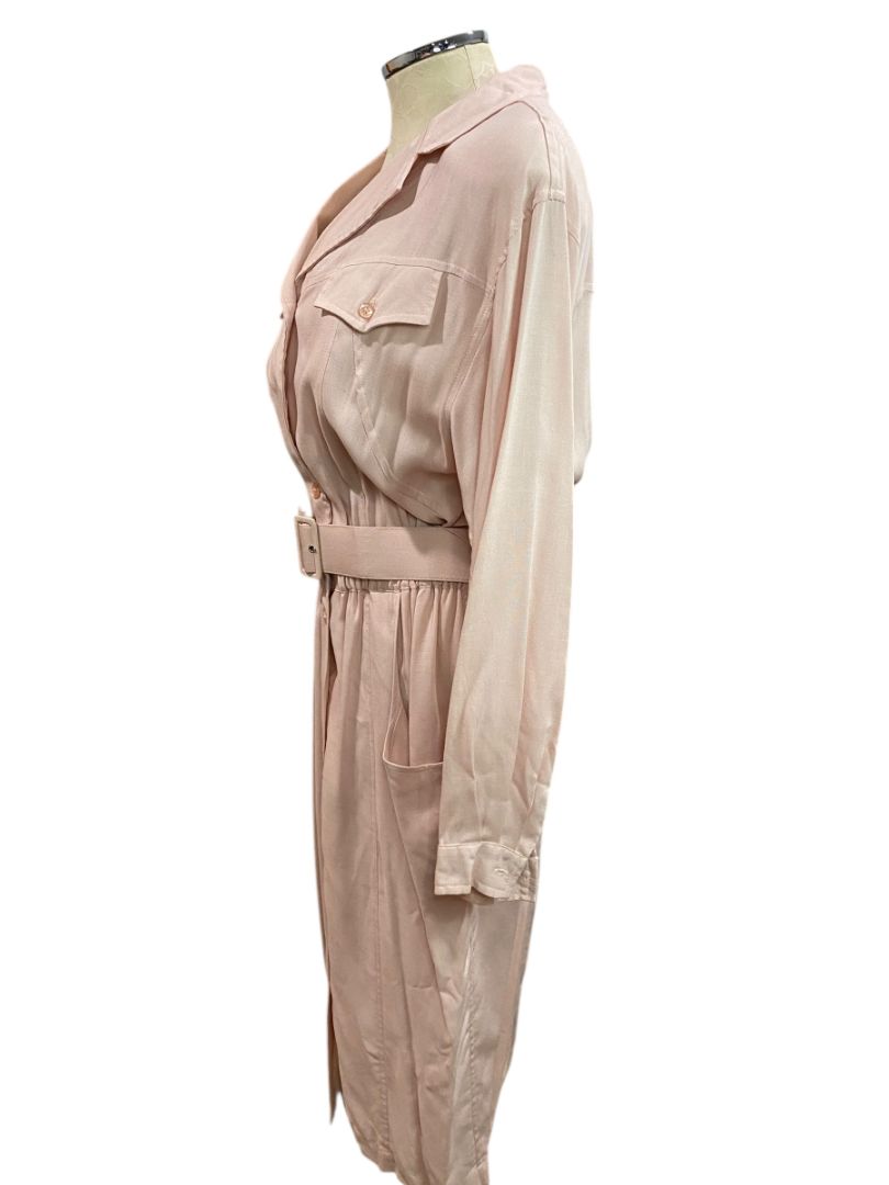 Size 14 Together! Pink Rayon 1980s Dress Belted Button Up