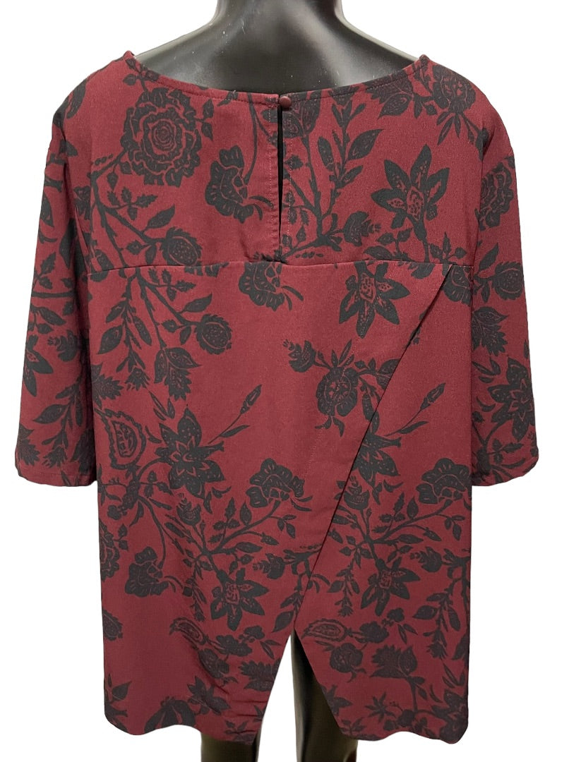 4X Ava & Viv  Women's Burgundy Black Floral Petal Back Blouse 1/2 Sleeve