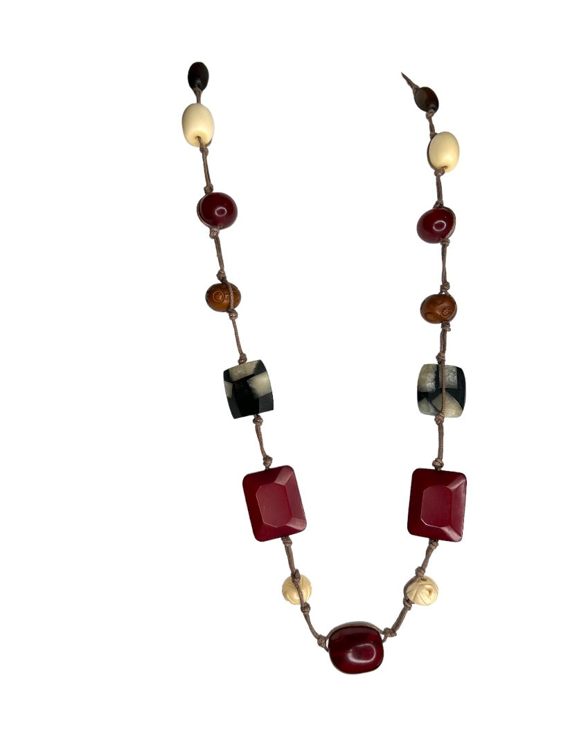 Vintage Boho 32" Necklace Knotted String Wood and Acrylic Chunky Beads