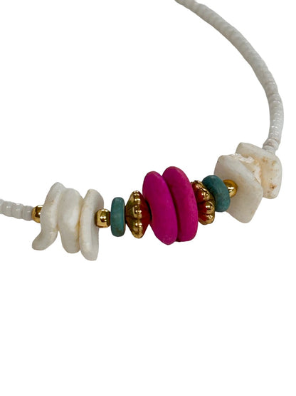 Beaded White 7" Clasp Bracelet Green Pink Goldtone