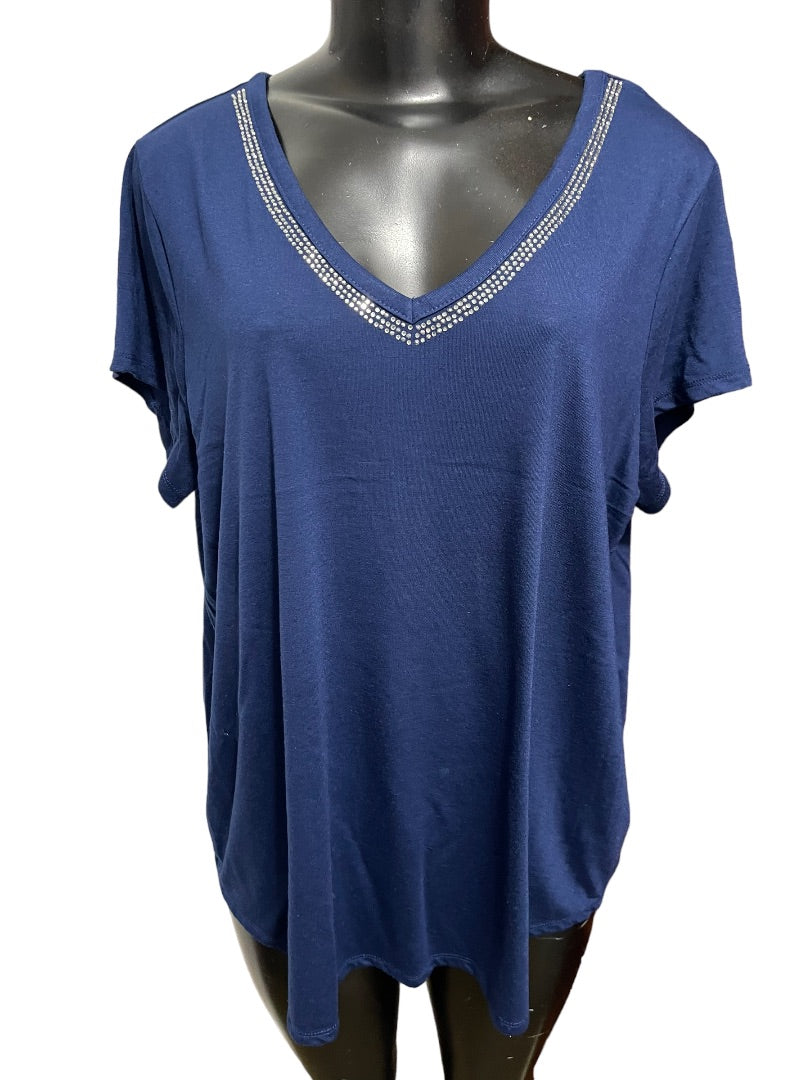 18/20 Avenue Women's V-Neck Crystal Trim Short Sleeve Womens Top Navy Blue