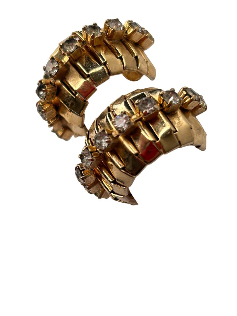 Signed Coro Screwback Non-Pierced Earrings Goldtone Rhinestone Hoop 1 1/8"