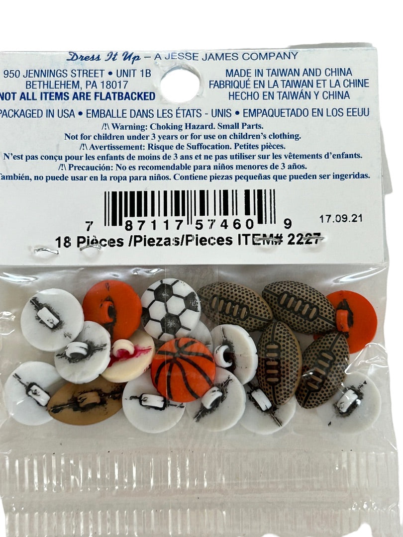 Dress it Up New Pack of 18 Buttons Tiny Sports Equipment Sewing Notions #2227