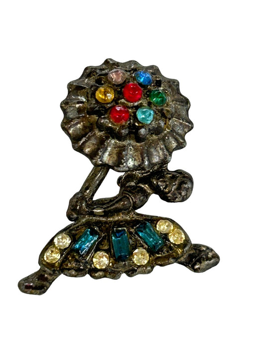 Vintage Brooch Pin Dancer with Umbrella Silvertone Multicolor 1.25"