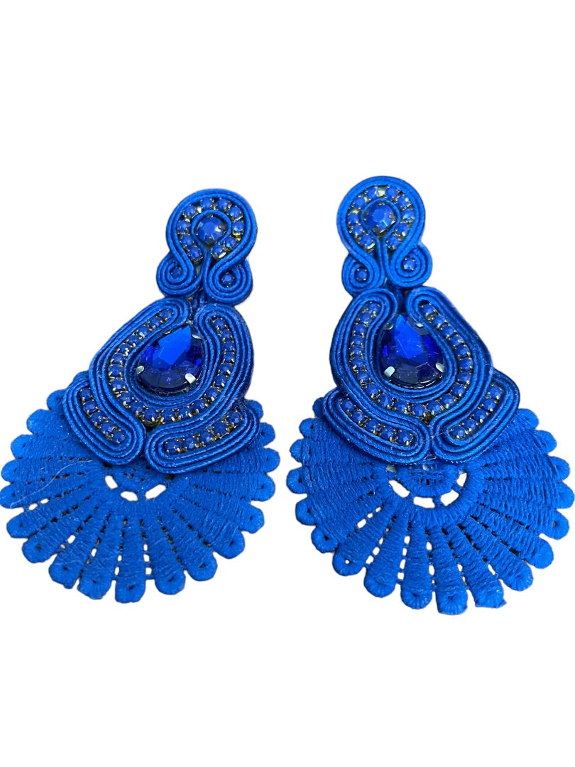 Soutache Post Pierced Statement Flat Ribbon Earrings Royal Blue 3.75"