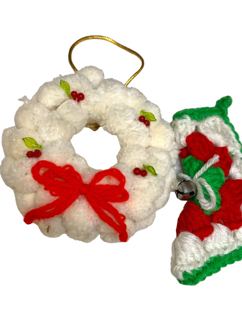 Set of 2 Vintage 1980s Handmade Christmas Holiday Ornaments Stocking Crochet Pom Pom Wreath