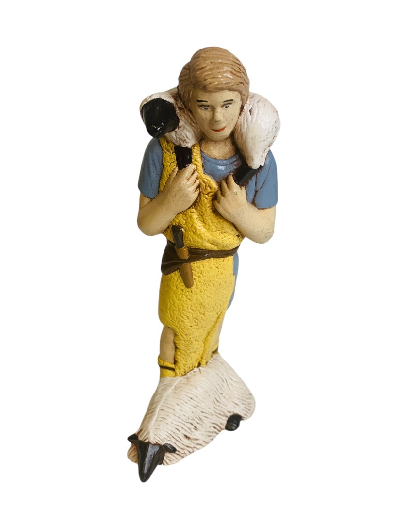 Handpainted Ceramic 1980s Nativity Figurine Shepherd Carrying Sheep 8"h