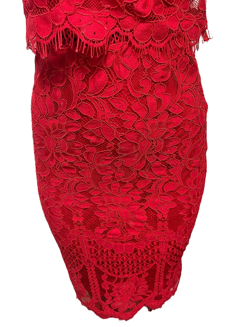 XS Lulus Sweetness Lace Crochet Overlay Sleeveless Fitted Midi Dress Back Zipper Red