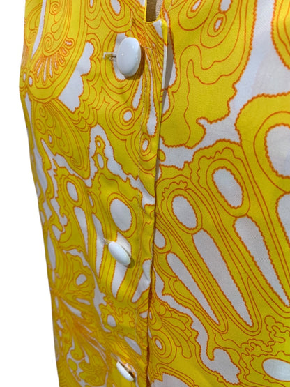 Medium House Dress Vintage 1960s Yellow Print Button Up Polyester