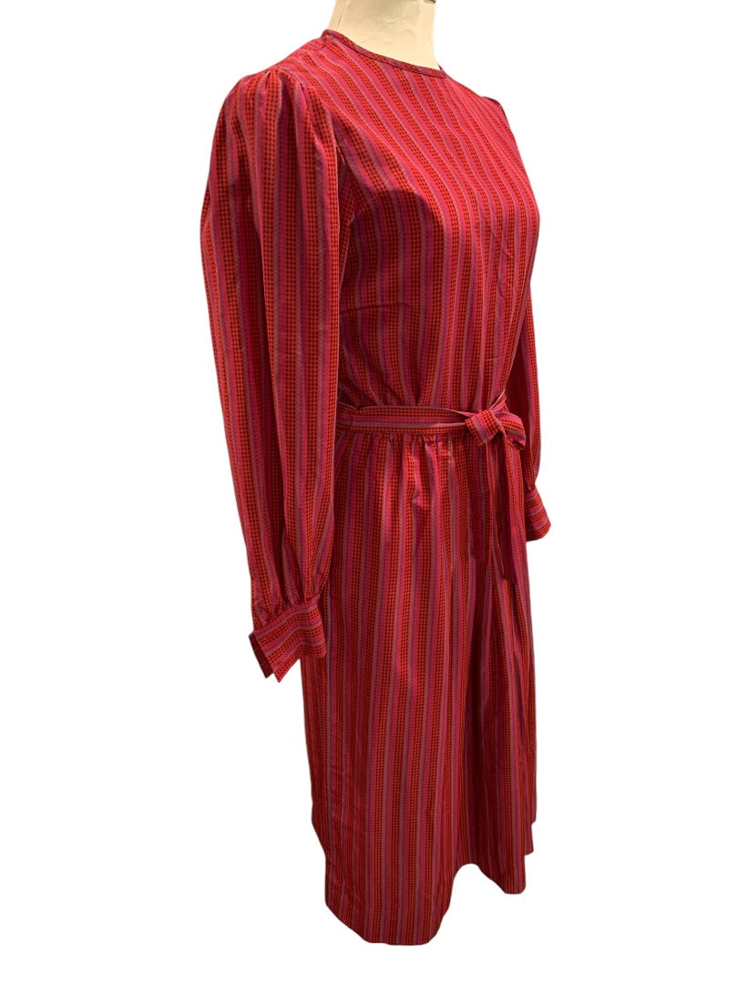 Medium Vintage 1970s Red Micro Print Midi Dress Belted Pleated Pockets