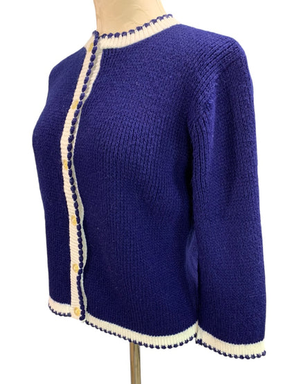 Medium Vintage 1960s Womens Button Up Sweater Cardigan Navy Blue