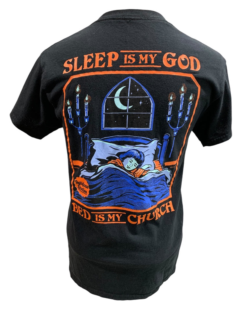 Small Steven Rhodes Black Tshirt Graphic "Sleep is My God . . ." Adult Unisex