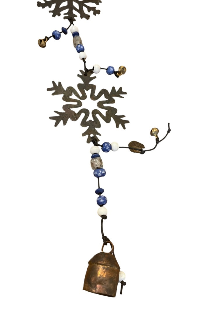 Rustic 3 Metal Snowflakes with Beads  Bells Windchime 24 Length