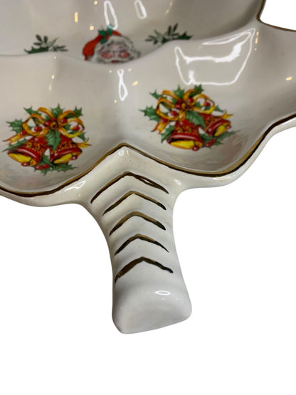 Vintage MCM Holiday Christmas Candy Nut Dish Santa Gold Trim 14 Inch