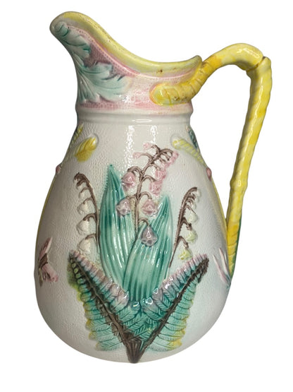 Antique Majolica Pitcher Pastel Butterfly Floral Fern 10.5 Inches