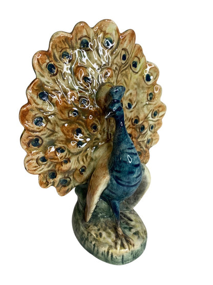 Antique Majolica Peacock Pocket Spill Vase 1900 Czechoslovakia 6 Inch