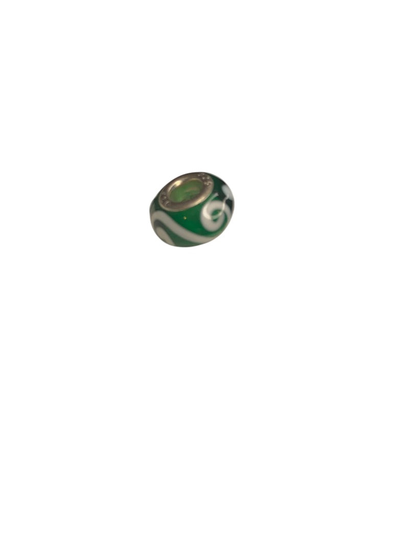 Slide Bead Green White Swirl Glass Charm Sterling Silver 925