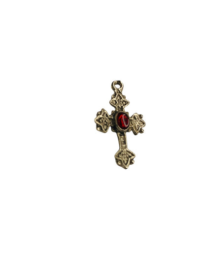 Silvertone Cross Pendant Charm Red Acrylic Inset 1.1 Inch Drop