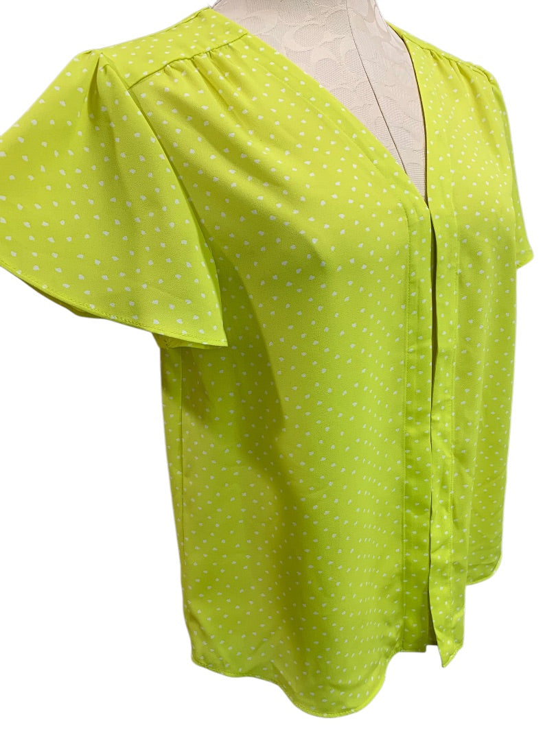XS Vince Camuto Womens Pullover Chartreuse Dot Shirt Blouse Short Sleeve