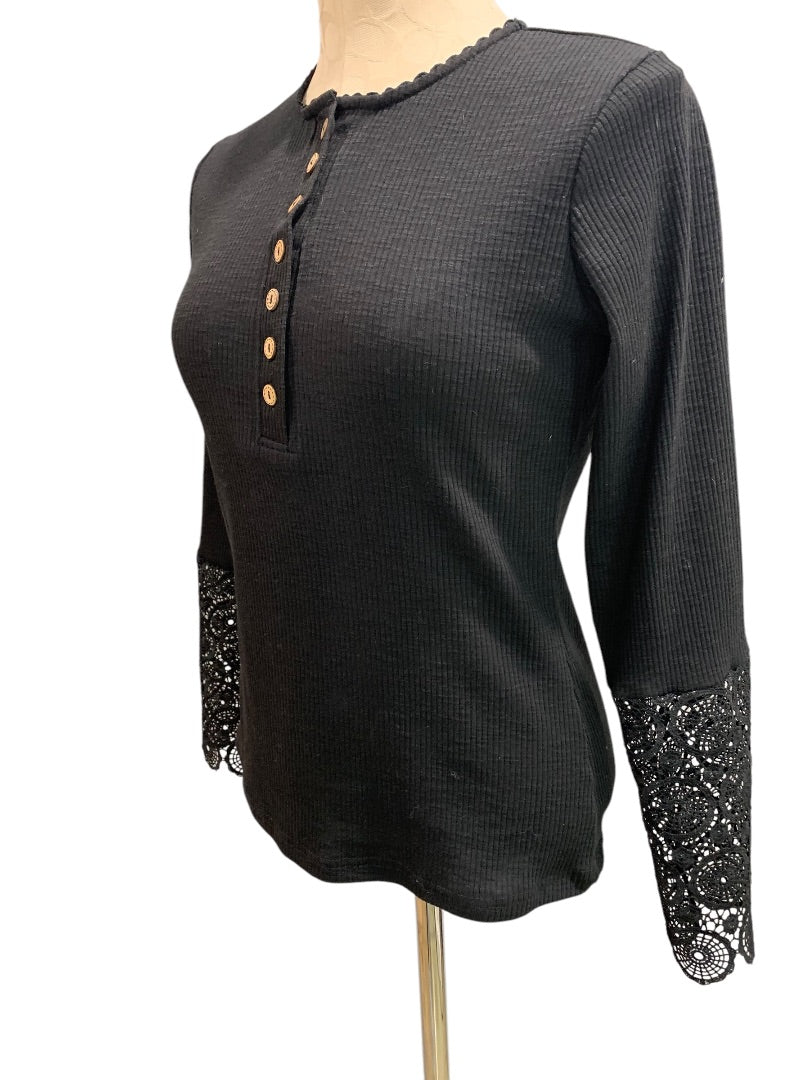 Small Unbranded Black Ribbed Womens Shirt Lace Trim Sleeve