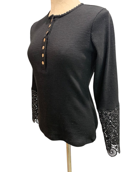 Small Unbranded Black Ribbed Womens Shirt Lace Trim Sleeve