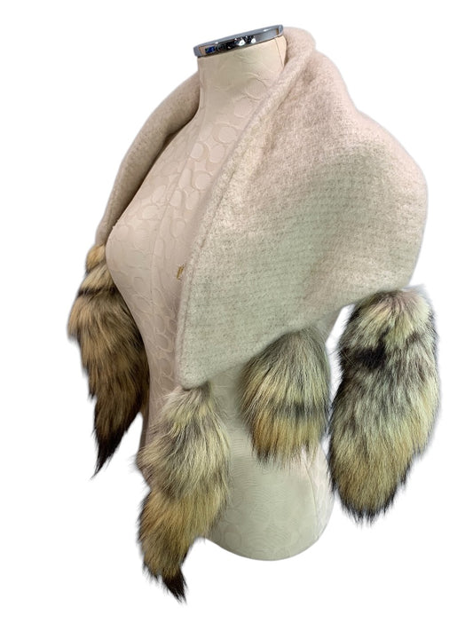 Adrienne Landau Readers Wrap Shawl Scarf Mohair with Fox Tails Vintage 26"l