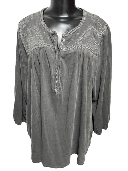 3X Lucky Brand 3/4 Sleeve Embroidered Womens Top Gray NWT