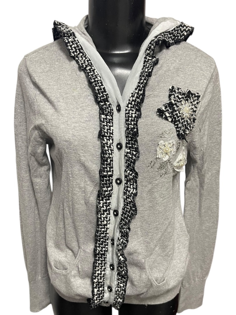 Large Charlotte Womens Gray Cardigan Sweater Hooded Cotton Rosettes