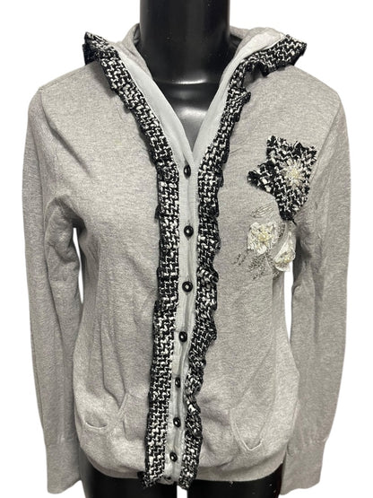 Large Charlotte Womens Gray Cardigan Sweater Hooded Cotton Rosettes