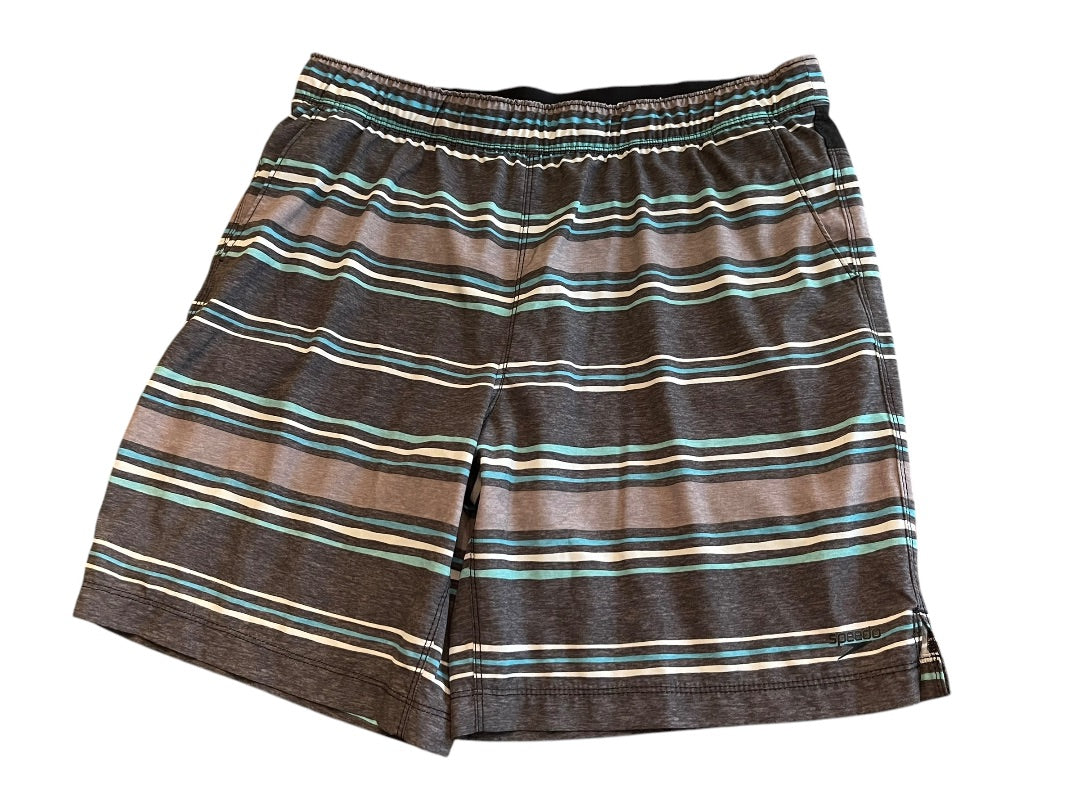 Large Speedo Striped Board Shorts Drawstring Gray Blue Mens Swim