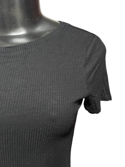 Medium Hashtag In Trend Short Sleeve Ribbed Womens Top Black
