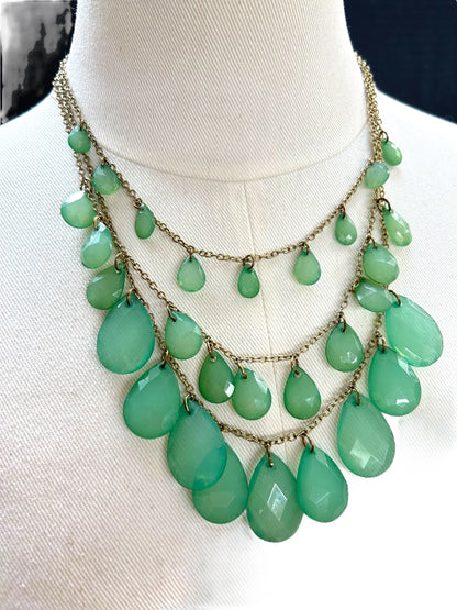 Goldtone Green Statement Tiered Necklace Acrylic Faceted 18-20 Inch