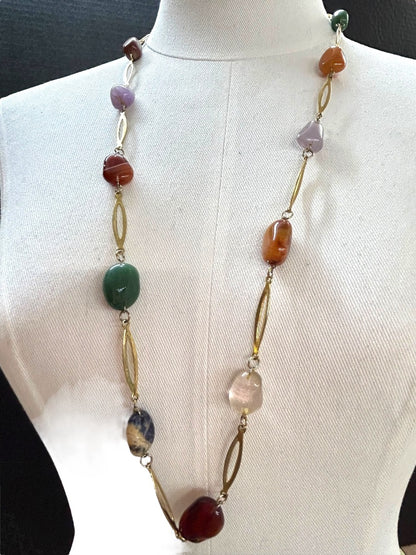 Goldtone and Assorted Stone Necklace 32 Inch Overhead No Clasp