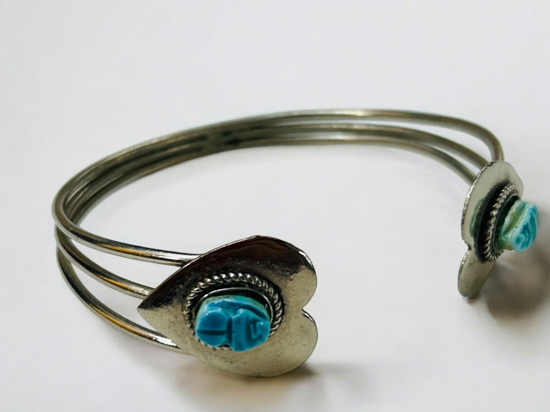 Silvertone Open Bangle Bracelet 2 Hearts Polymer Clay Faux Turquoise